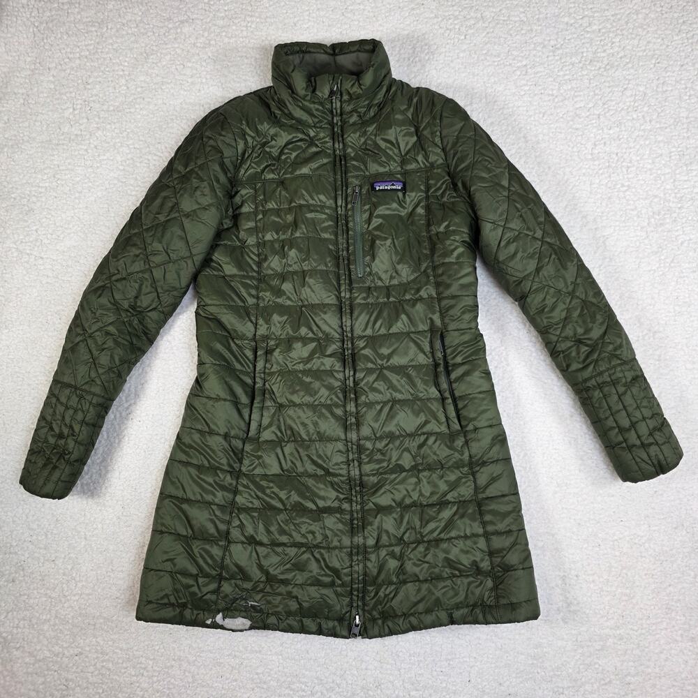 Patagonia Womens Radalie Quilted Parka Jacket Coat Size S Green Full Zip FLAWS